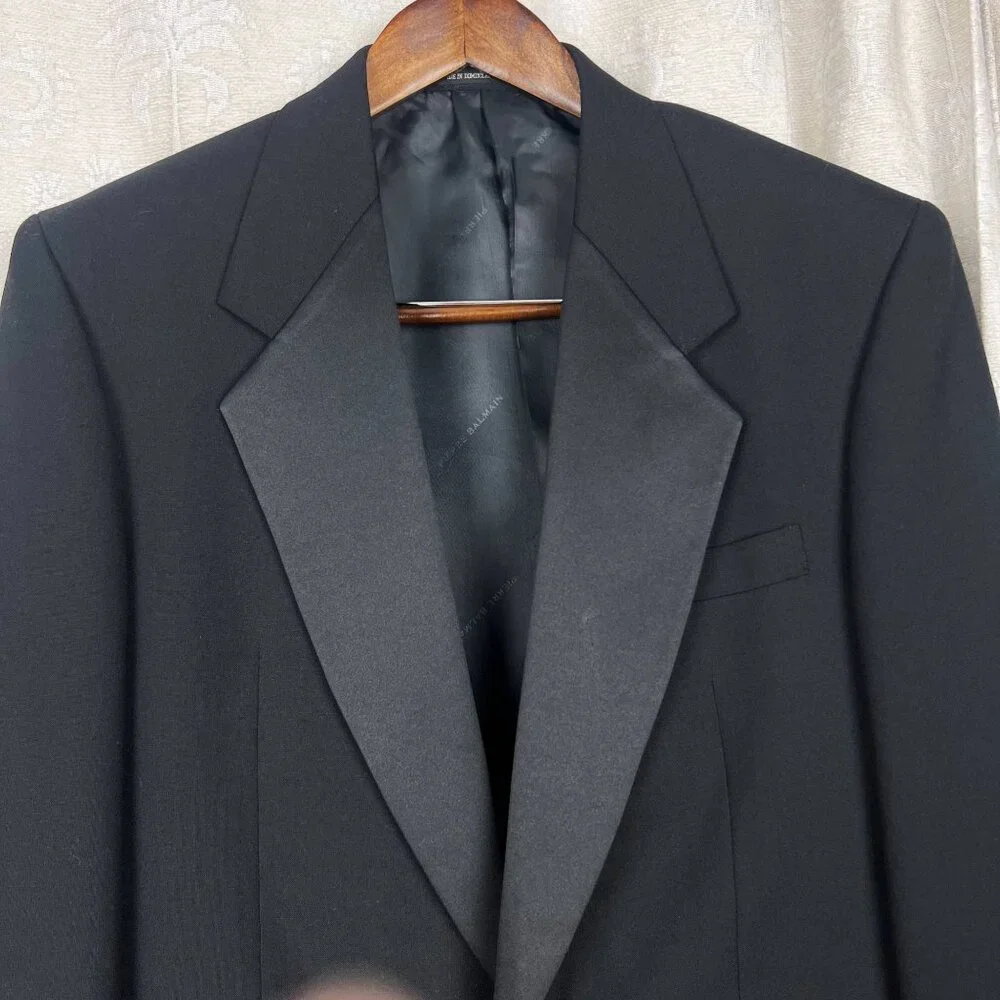Pierre Balmain 40L tuxedo suit jacket wool 1-button blazer satin lapels formal